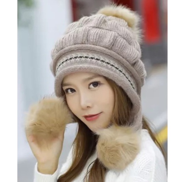 Chic Khaki Fleece Lined Beanie with Fur Pom Poms & Fingerless Gloves - Picture 2 of 16
